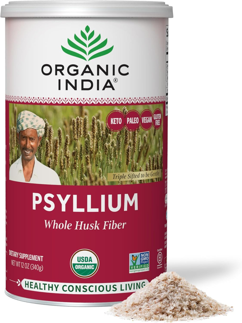 ORGANIC INDIA Psyllium Herbal Powder - Whole Husk Fiber, Healthy Elimination, Keto Friendly, Vegan, Gluten-Free, USDA Certified Organic, Non-GMO, Soluble & Insoluble Fiber Source - 12 oz Canister