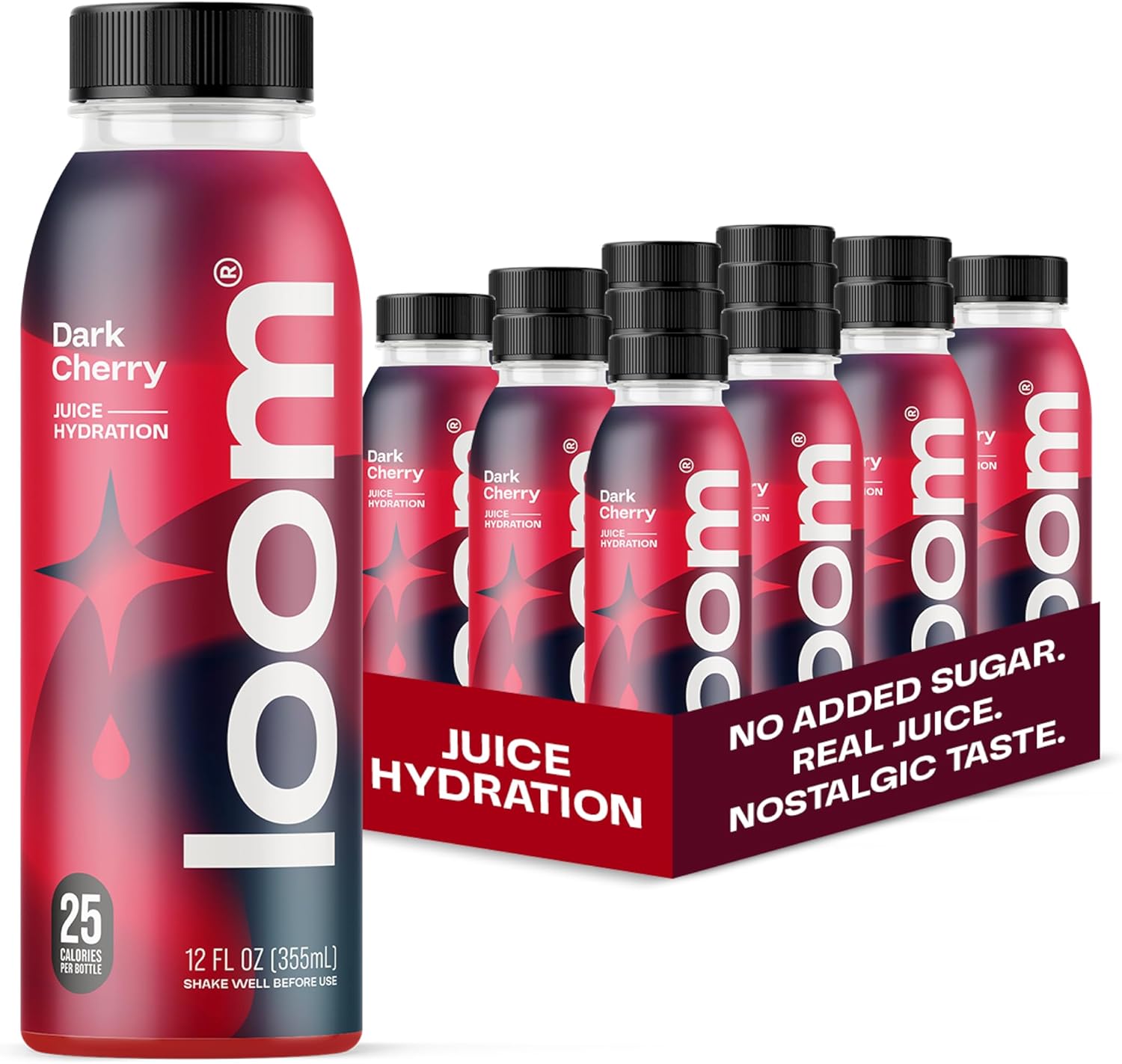 Dark Cherry Juice Drinks by Loom, Low Sugar Juice, Real Fruit, No Added Sugar, Healthy Hydration, 30 Calories, 12 oz bottles, 12 pack
