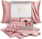 4-Piece Satin Sleep Set Gift Box for Women - Includes Hair Bonnet, Eye Mask, Pillowcase & Scrunchie - Luxury Self Care, Bridesmaid & Mom Gifts - Pink