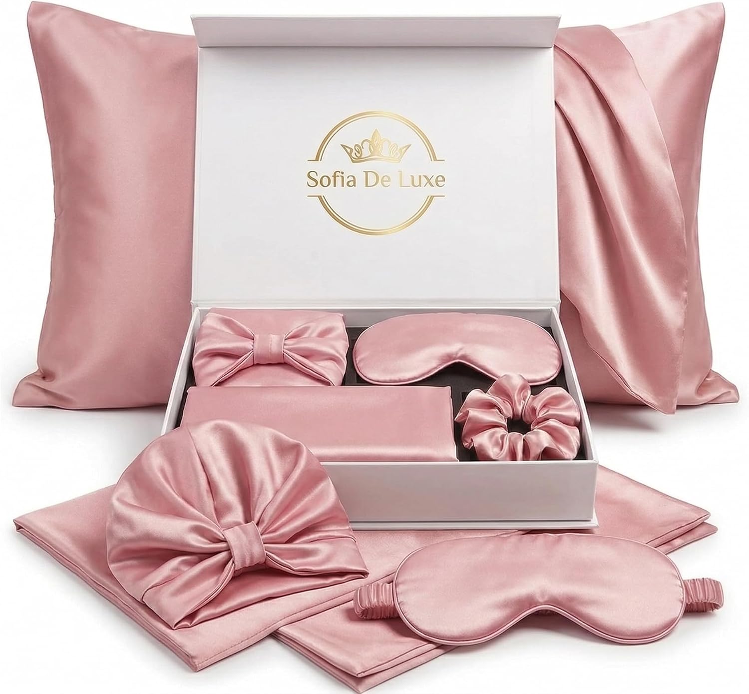 4-Piece Satin Sleep Set Gift Box for Women - Includes Hair Bonnet, Eye Mask, Pillowcase & Scrunchie - Luxury Self Care, Bridesmaid & Mom Gifts - Pink