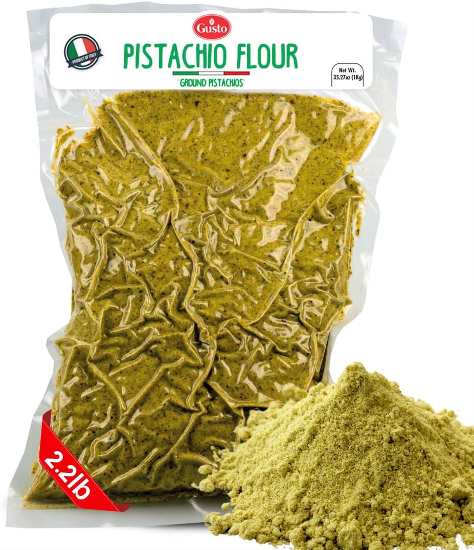 GUSTO ETNA Pistachio Flour, Sicilian Fine Chopped Pistachio Flour, Ground, Powder, Gluten Free Flour, Non Gmo, Vegan, Product of Bronte, Sicily, From Italy, 2.2 Lb (1 kg)