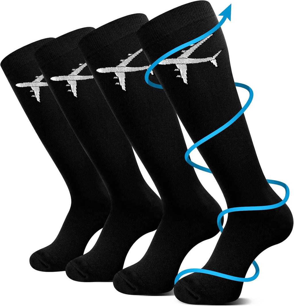 2 Pairs Travel Compression Socks for Men Women 15-25 mmHg Graduated Knee High Compression Socks for Travel and Flight