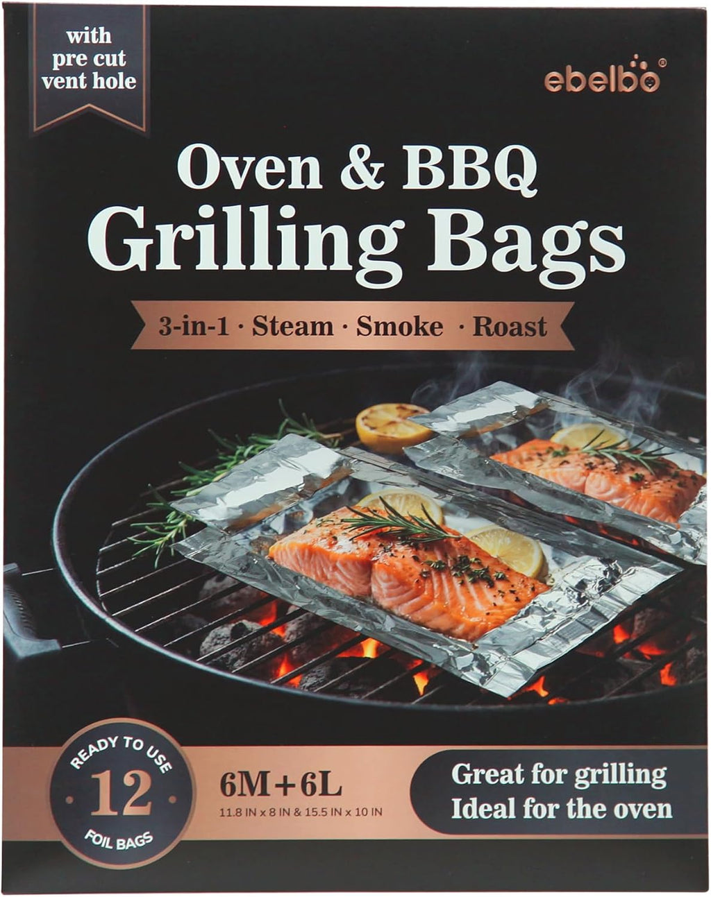 Upgrade Grill Bags with Pre Cut Vent Hole Family Pack Aluminum Foil Portable Disposable BBQ Bags for Roasting Grilling Cooking Steaming and Smoking - Size 11.8"x8" & 15.5"x10" 12 Count - 1 Pack