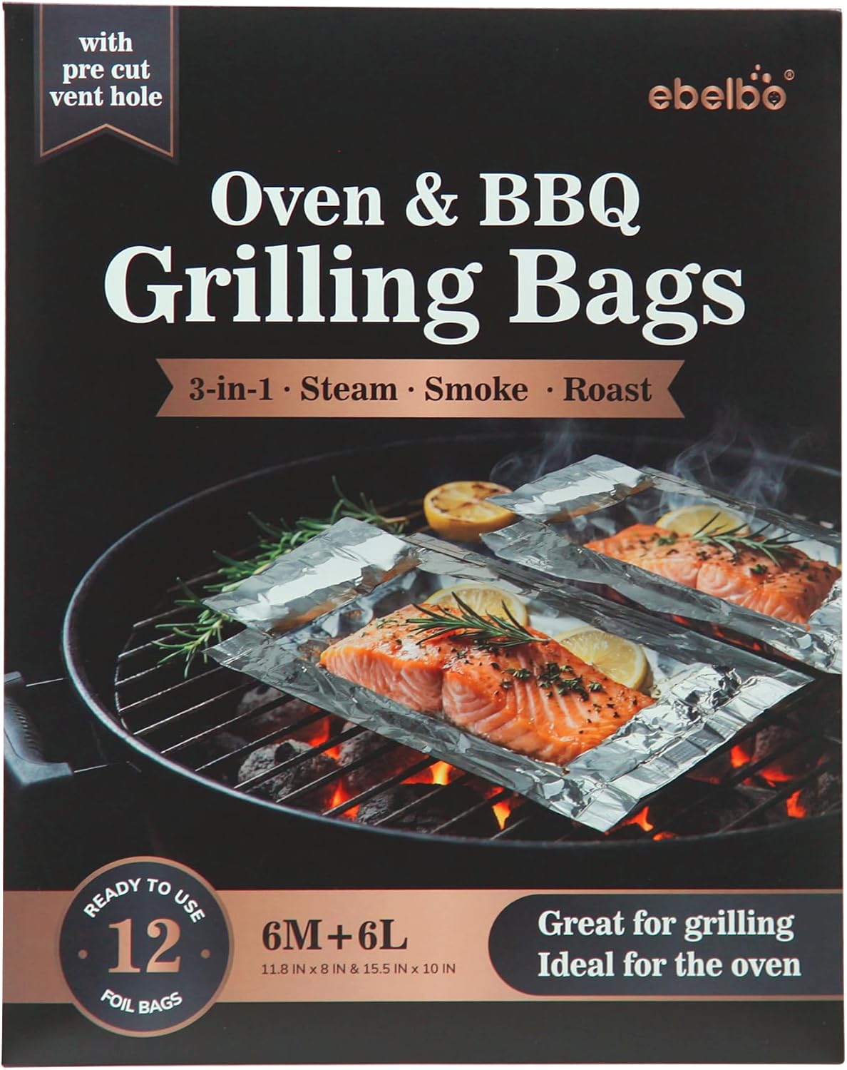 Upgrade Grill Bags with Pre Cut Vent Hole Family Pack Aluminum Foil Portable Disposable BBQ Bags for Roasting Grilling Cooking Steaming and Smoking - Size 11.8"x8" & 15.5"x10" 12 Count - 1 Pack