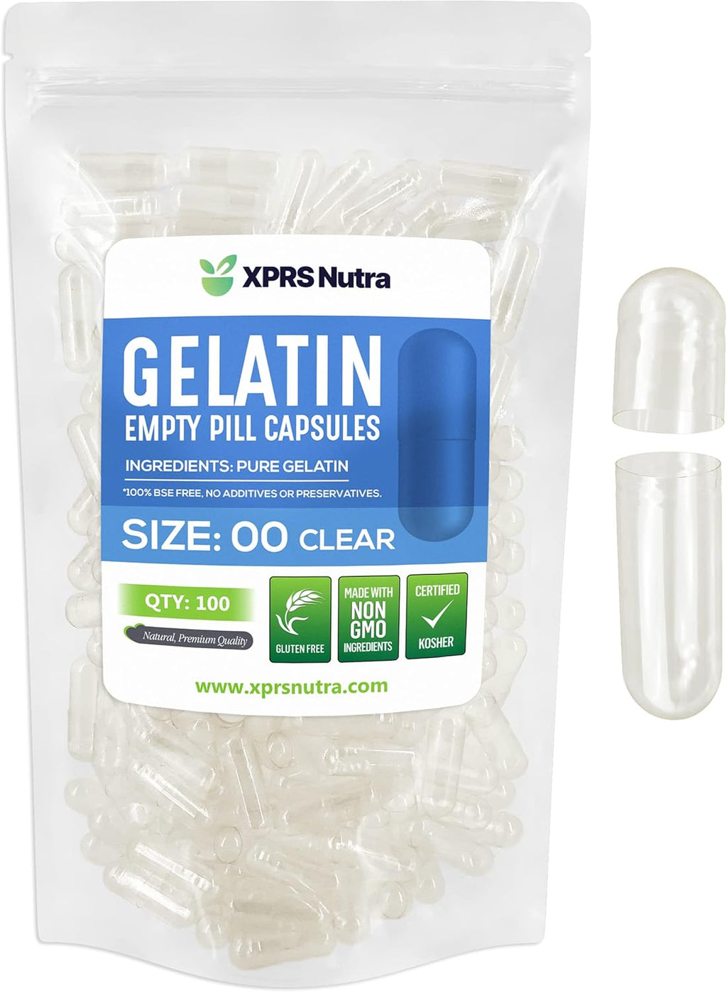 XPRS Nutra Size 00 Empty Capsules - 100 Count Clear Empty Gelatin Capsules - Pills DIY Capsule Filling - Fillable Pill Gel Caps for Do-It-Yourself Supplements