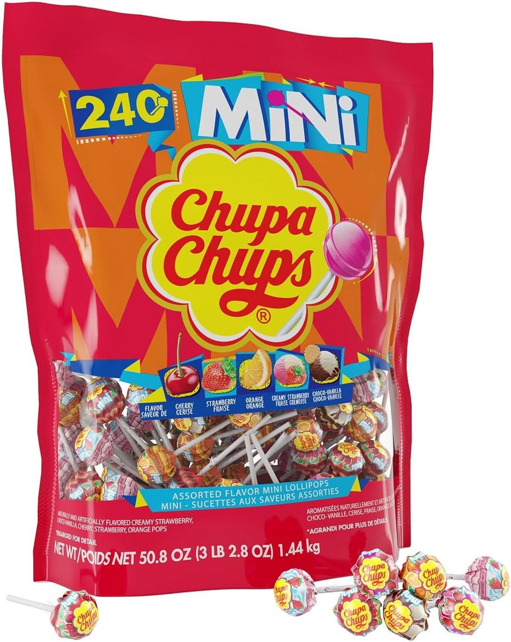 Chupa Chups Mini Lollipop Assortment, Five Flavors, Easter Candy Bulk, Easter Basket Essentials Stuffers for Kids and Adults, Individually Wrapped, 50.8 Ounce Bag (240 Suckers)