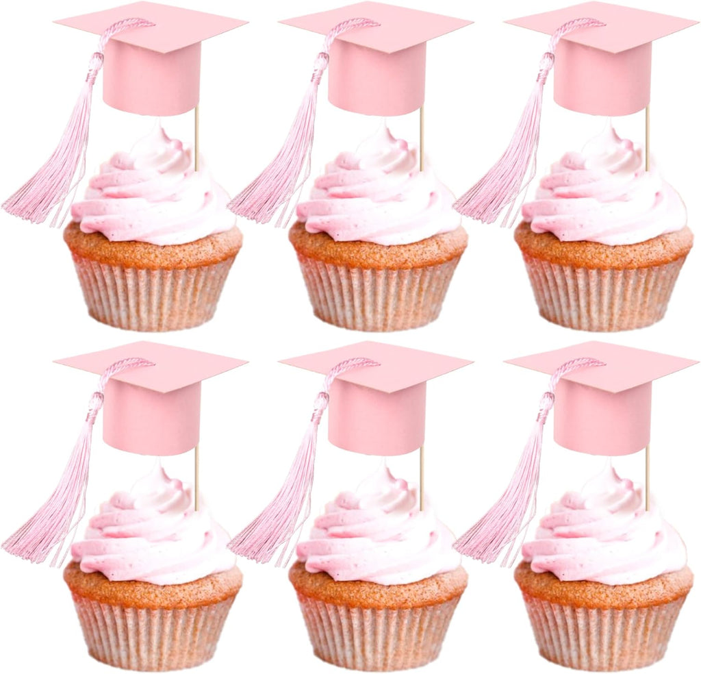 24 PCS 2026 Graduation Cap Cupcake Toppers with Tassel Congrats Grad Cap Class of 2026 Cupcake Picks Mini Graduation Caps Decorations for 2026 School Graduate Party Cake Decorations Supplies Pink