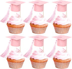 24 PCS 2026 Graduation Cap Cupcake Toppers with Tassel Congrats Grad Cap Class of 2026 Cupcake Picks Mini Graduation Caps Decorations for 2026 School Graduate Party Cake Decorations Supplies Pink