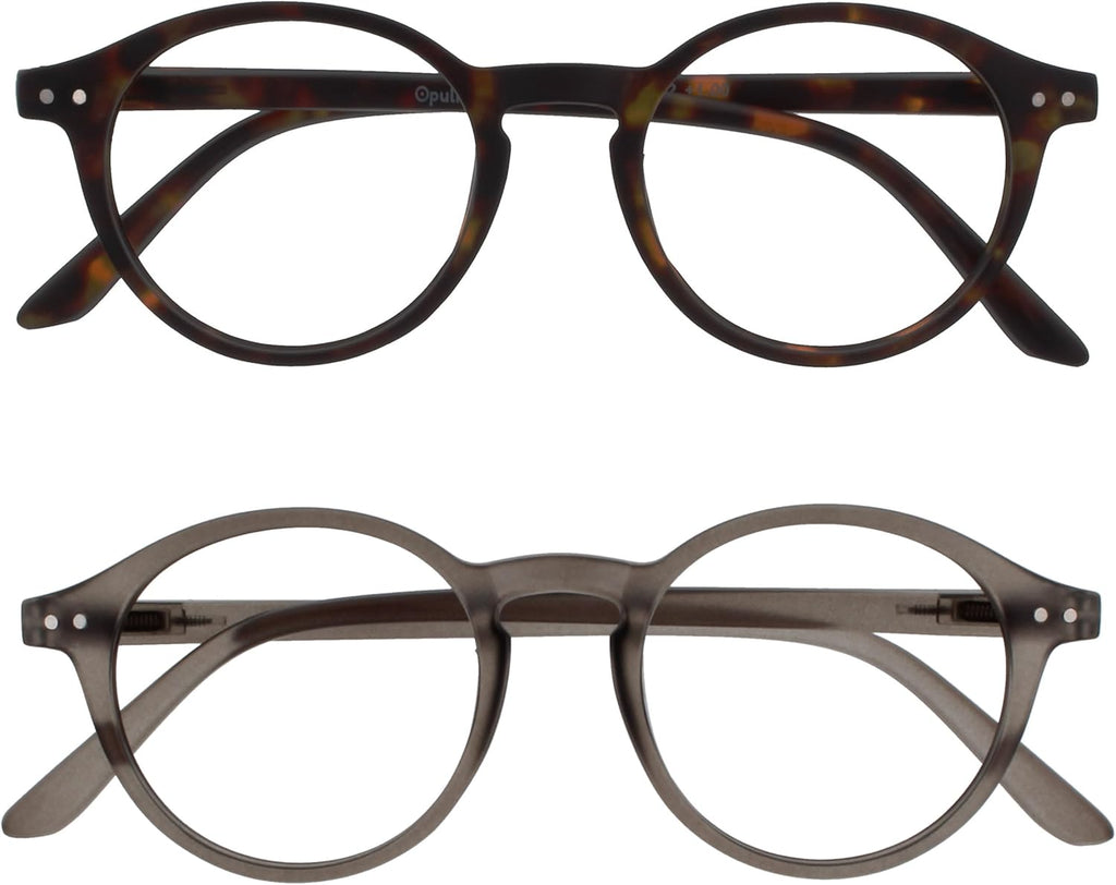 OPULIZE REY Reading Glasses for Women Men, Retro Round Frame with Spring Hinges, Matte Brown Tortoiseshell, Grey +2.00 (Pack of 2)