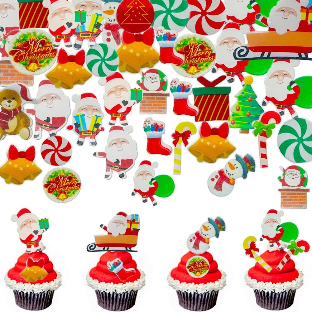 Morofme 300pcs Edible Christmas Cake Decoration Wafer Paper Christmas Cupcake Toppers Edible Santa Clause Xmas Tree Snowman Cupcake Decorations Holiday Cake Decor for New Years Theme Party