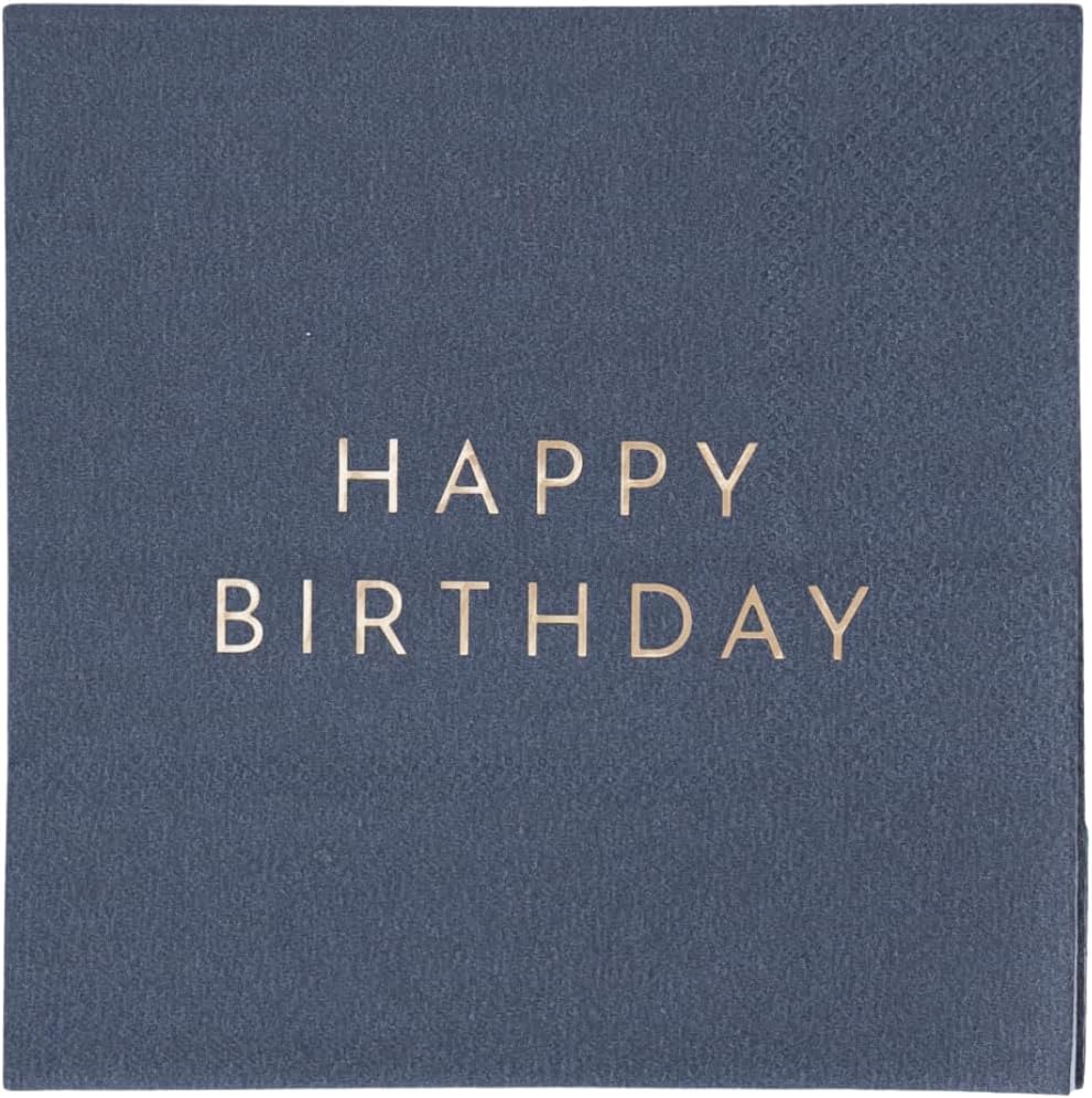 Bonjour Fête Navy Blue Happy Birthday Small Party Paper Napkins | 3-Ply Napkins | Party Supplies Decorations | Premium Cocktail Napkins | Gold Foil | Party Table Decor | Pack of 20, 5" Folded