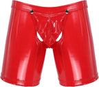 Hedmy Men's Latex PVC Faux Leather Short Pants Solid Buckled Open Crotch Boxer Shorts Hot Pants