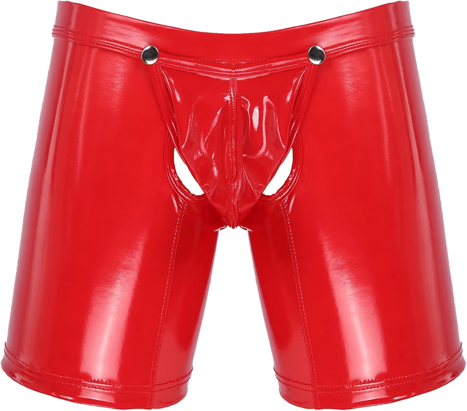 Hedmy Men's Latex PVC Faux Leather Short Pants Solid Buckled Open Crotch Boxer Shorts Hot Pants