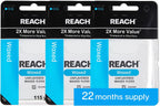 REACH Waxed Dental Floss, 2X More Value, Plaque Remover for Teeth, Shred Resistant, Floss Slides Smoothly, Easy to Use, Waxed, for Adults & Kids, Oral Care, PFAS Free, 3 Pack, 115 yd, Unflavored