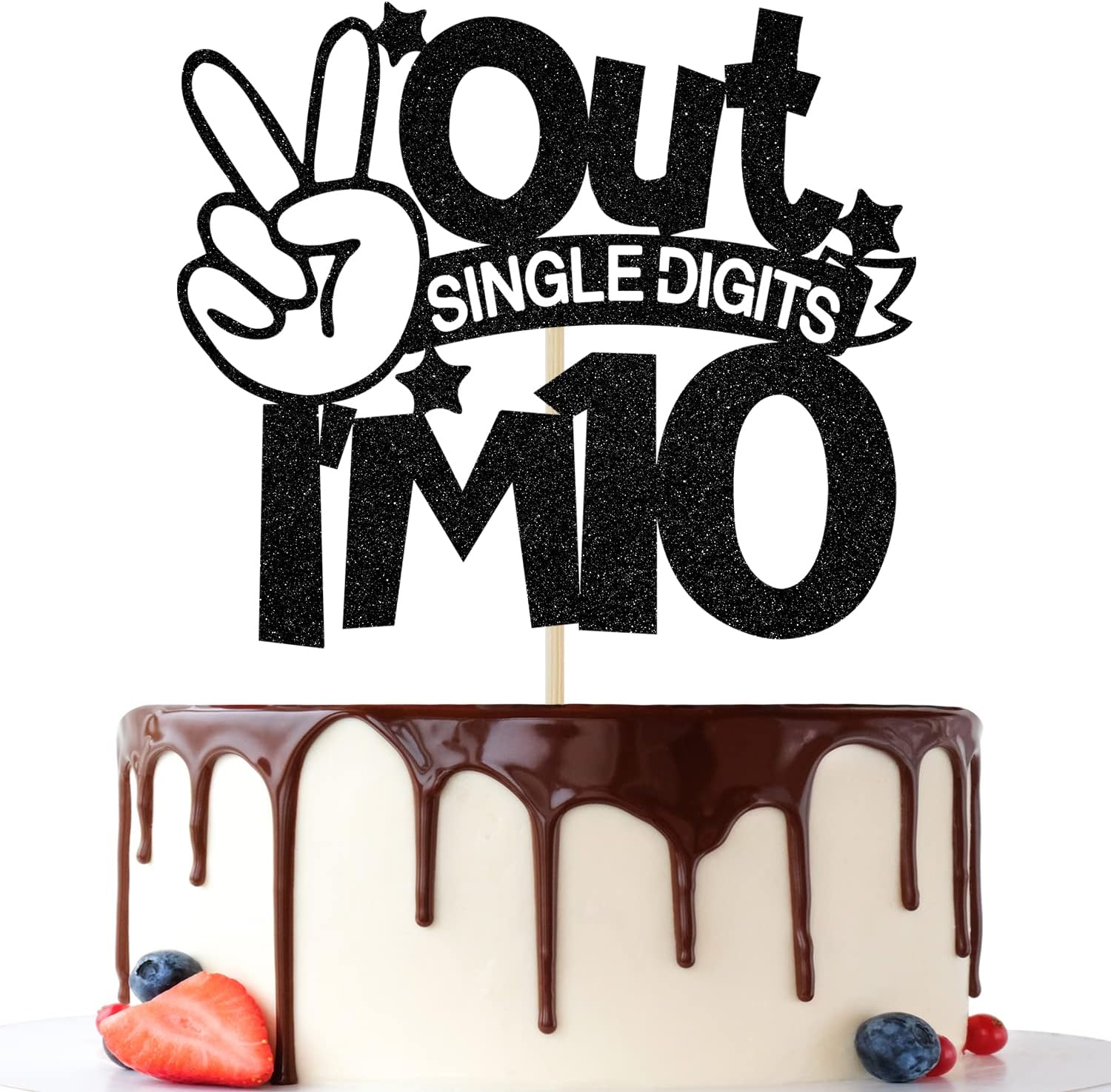 Out Single Digits I'm 10 Cake Topper, Double Digits 10, for Boys Girls 10th Birthday Decorations, Happy 10th Bithday Decorations Black Glitter