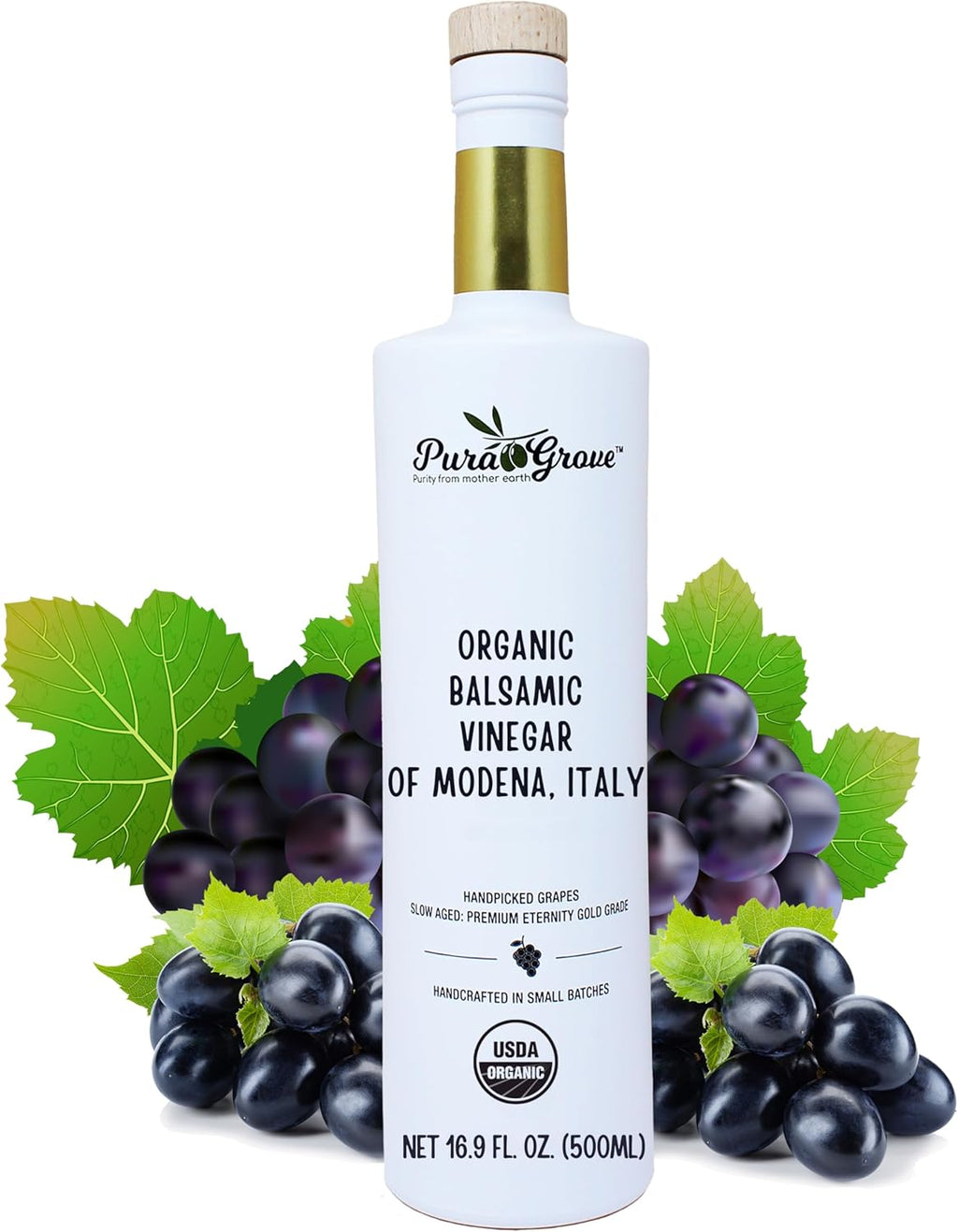 Pura Grove Organic Balsamic Vinegar From Modena Italy - Slow Aged Premium Eternity Gold Grade - Handpicked & Crafted In Small Batches - 16.9 Oz Opaque Glass Bottle