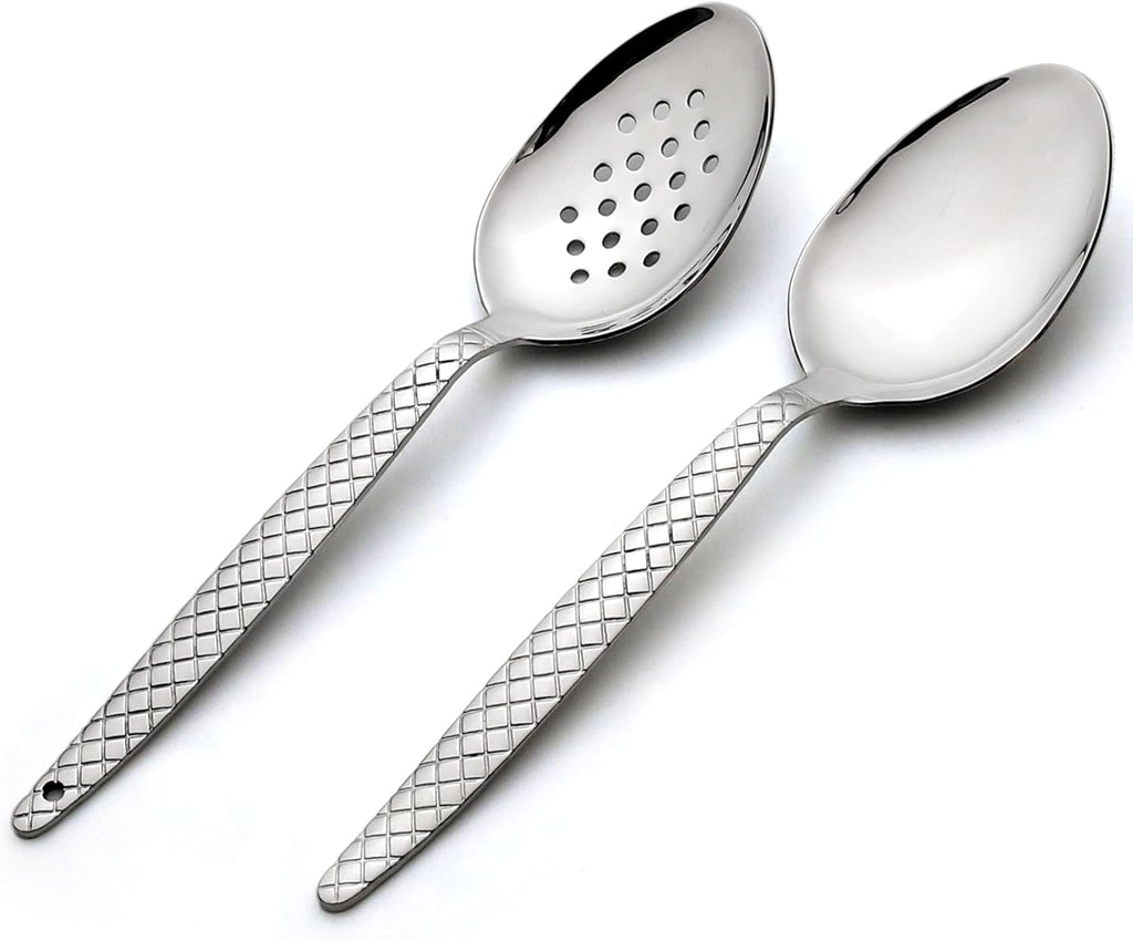 Chef Kunz Spoon | Pack of 2 | 9 inch 18/10 Stainless Steel Silver Plating Spoon | Non-Slip Grip Spoons for Basting, Quenelle, Serving, Sauces (Medium 2, kunz Spoon Set (2 piece)