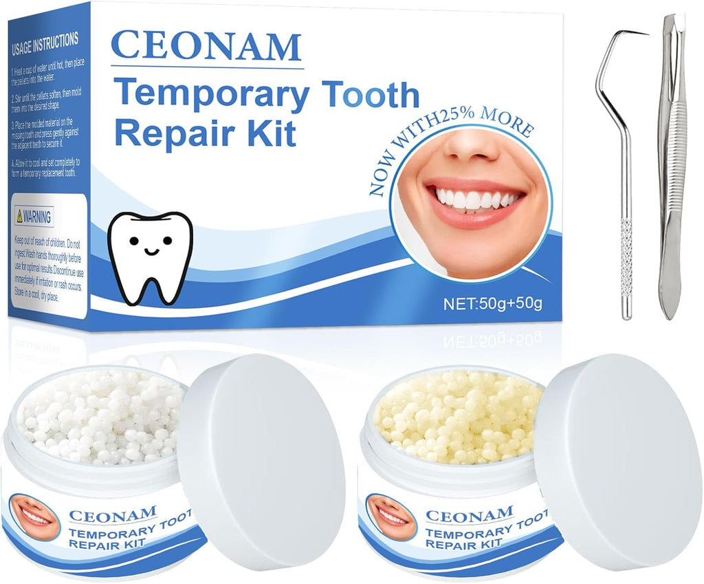 Tooth Repair Kit - 3.5 oz Temporary Fake Teeth Replacement Beads Kit in White & Ivory, Each 1.75 oz, with 3 Dental Tweezers Tools for Temporary Restoration of Missing & Broken Teeth