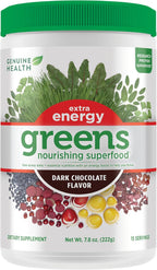 Genuine Health Greens + Extra Energy Superfood Powder, Provides An Immediate Energy Boost & Supports Gut Health, Dark Chocolate Flavor, 15 Servings