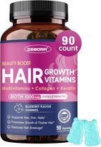 ZEBORA Hair Growth Vitamins with Biotin, Keratin & Collagen - Biotin Gummies with Beauty Support Blend for Hair, Skin & Nails - Vegan Hair Vitamins for Women & Men - 90 Blueberry Gummies, Non-GMO