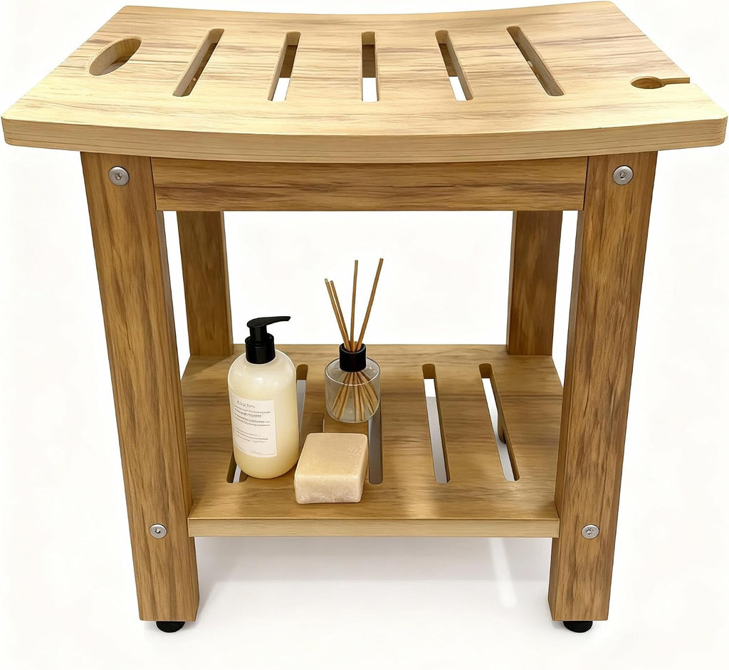 18.5" HDPE Shower Bench with Adjustable Feet & Storage Shelf, Waterproof Non-Slip Shower Stool for Inside Shower, Heavy Duty 400 LBS Shower Chair Seat for Bathroom/Indoor/Outdoor Use, Teak