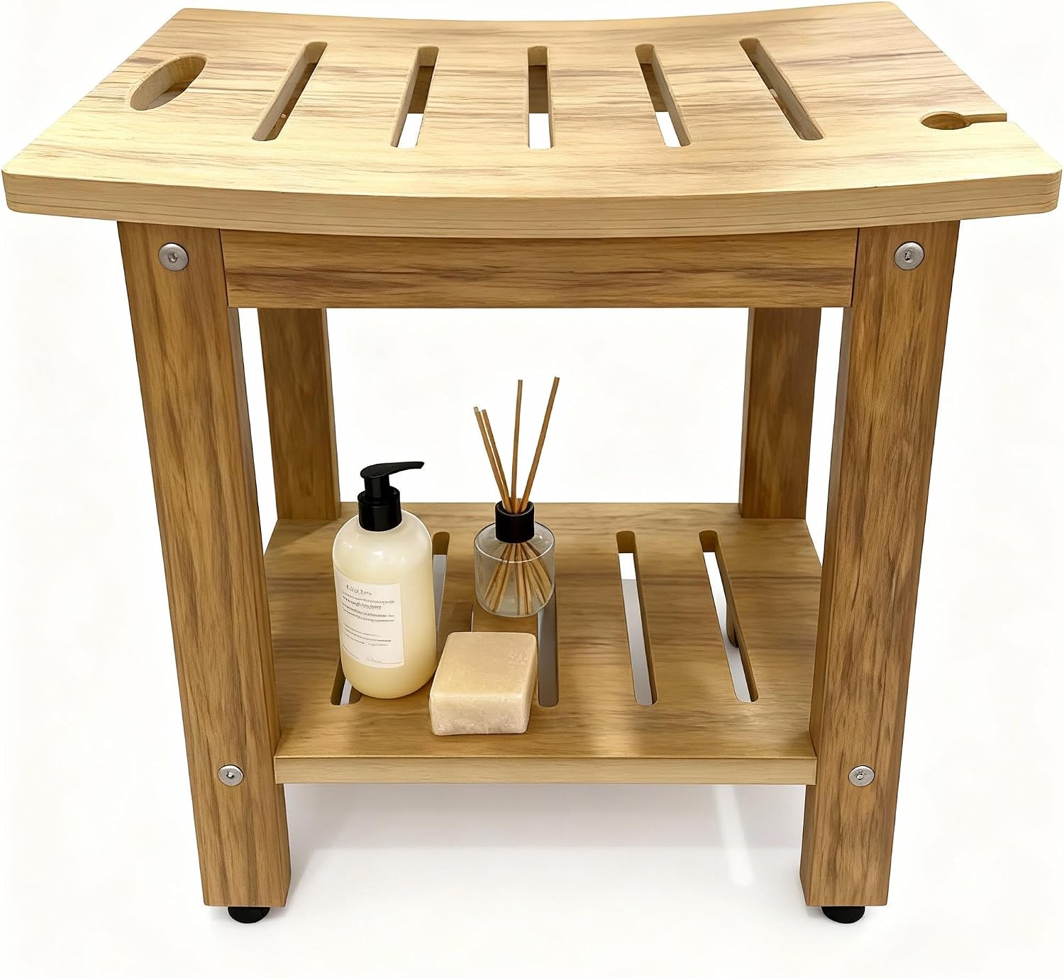 18.5" HDPE Shower Bench with Adjustable Feet & Storage Shelf, Waterproof Non-Slip Shower Stool for Inside Shower, Heavy Duty 400 LBS Shower Chair Seat for Bathroom/Indoor/Outdoor Use, Teak