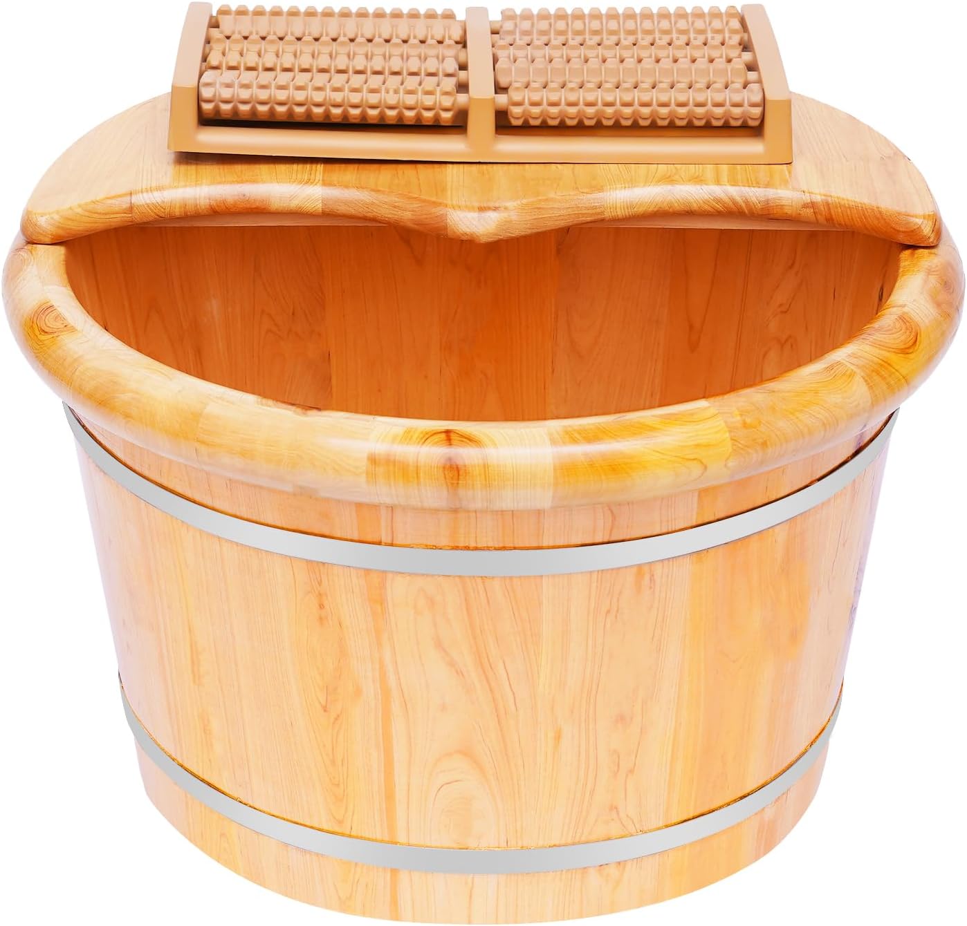 Wood Foot Bath Cedar Foot Basin Wooden Bucket Feet Relax Bucket Kit with Massage Roller and Lid for Foot Bath, Massage, Spa, Soak
