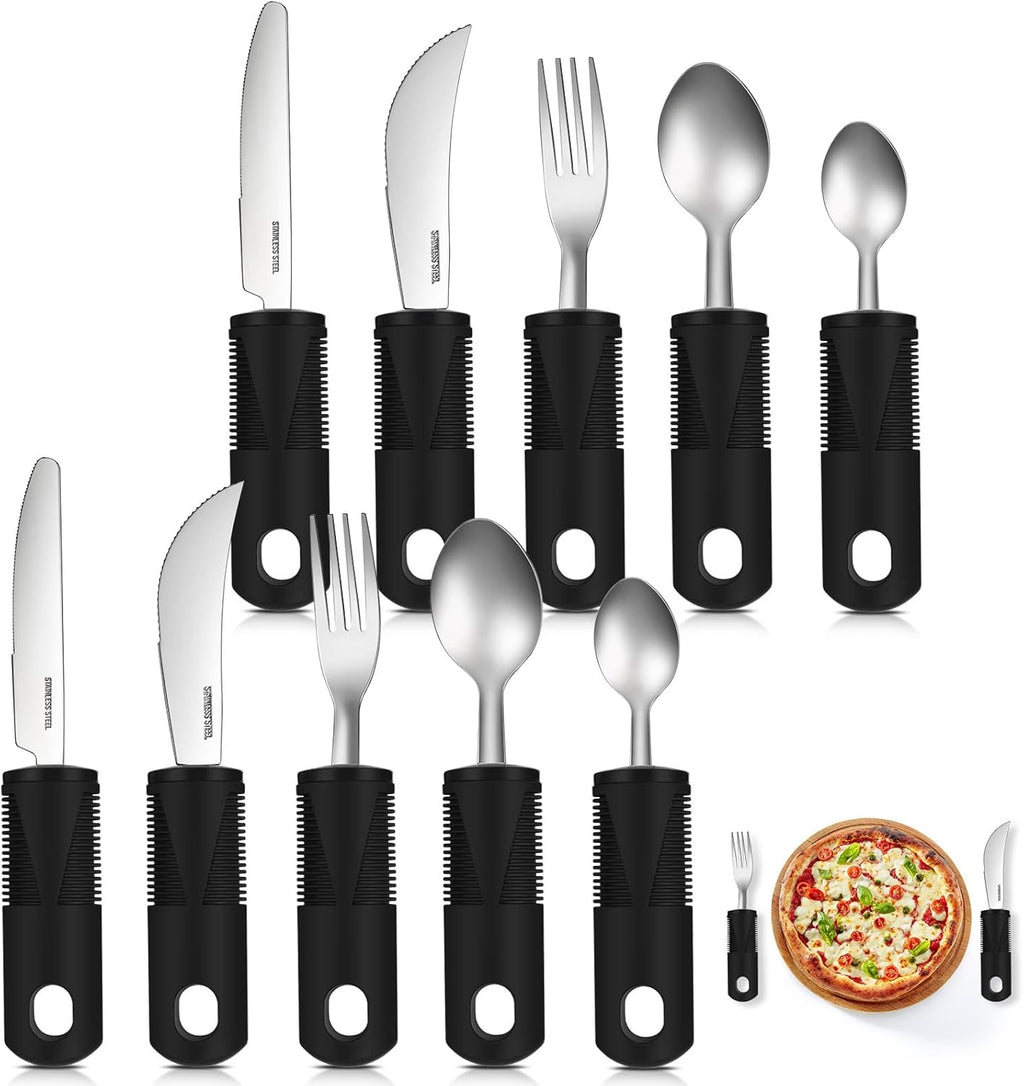 Uiifan 2 Set (10 Pcs) Adaptive Utensils for Hand Tremors, Elderly, Arthritis, Parkinsons Stainless Steel Easy Grip Handles Non Weighted Built up Utensils for Adults Hands Tremors Elderly, Black