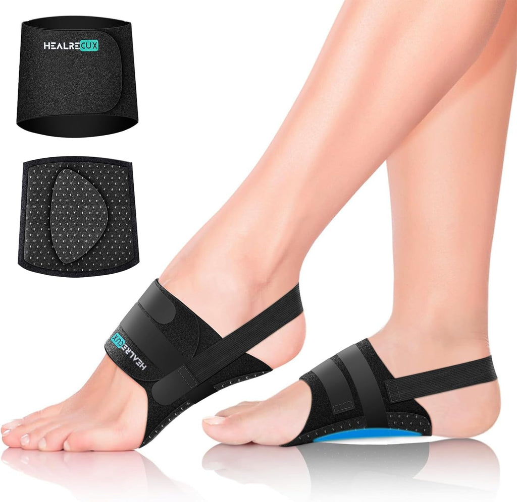 Healrecux Arch Support Braces for Plantar Fasciitis Relief, Adjustable Compression Bands with Gel Pad Orthotics Inserts for Feet Flat, High & Fallen Arches, Foot Support(Anti-Slip Spots)