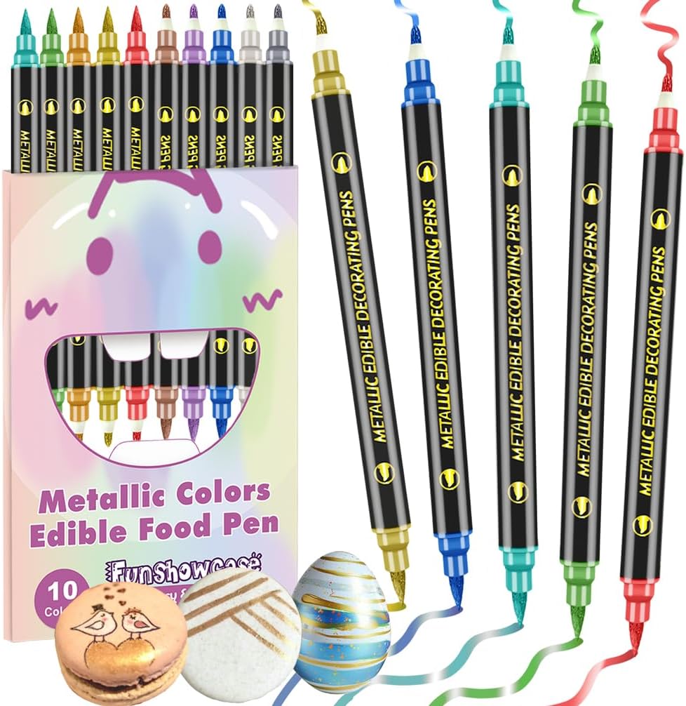 FUNSHOWCASE 10 Edible Markers Metallic Double-sided Bullet and Brush