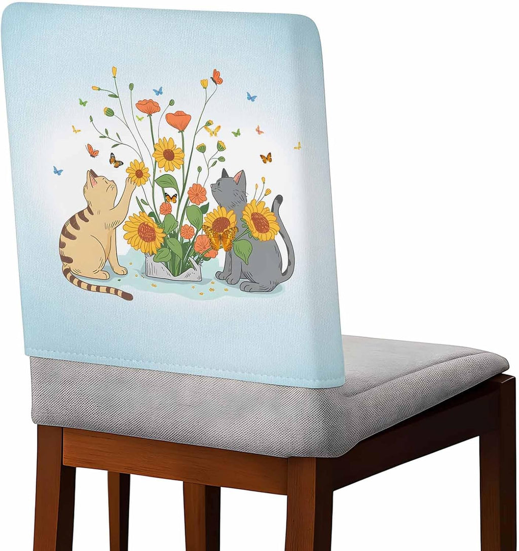 1 Pcs Cute Cats Chair Covers, Yellow Red Flower Butterflies Leaf Gradient Blue Chair Protector Slipcovers Stretch Washable for Home/Hotel/Party/Dining/Room/Kitchen Decorations