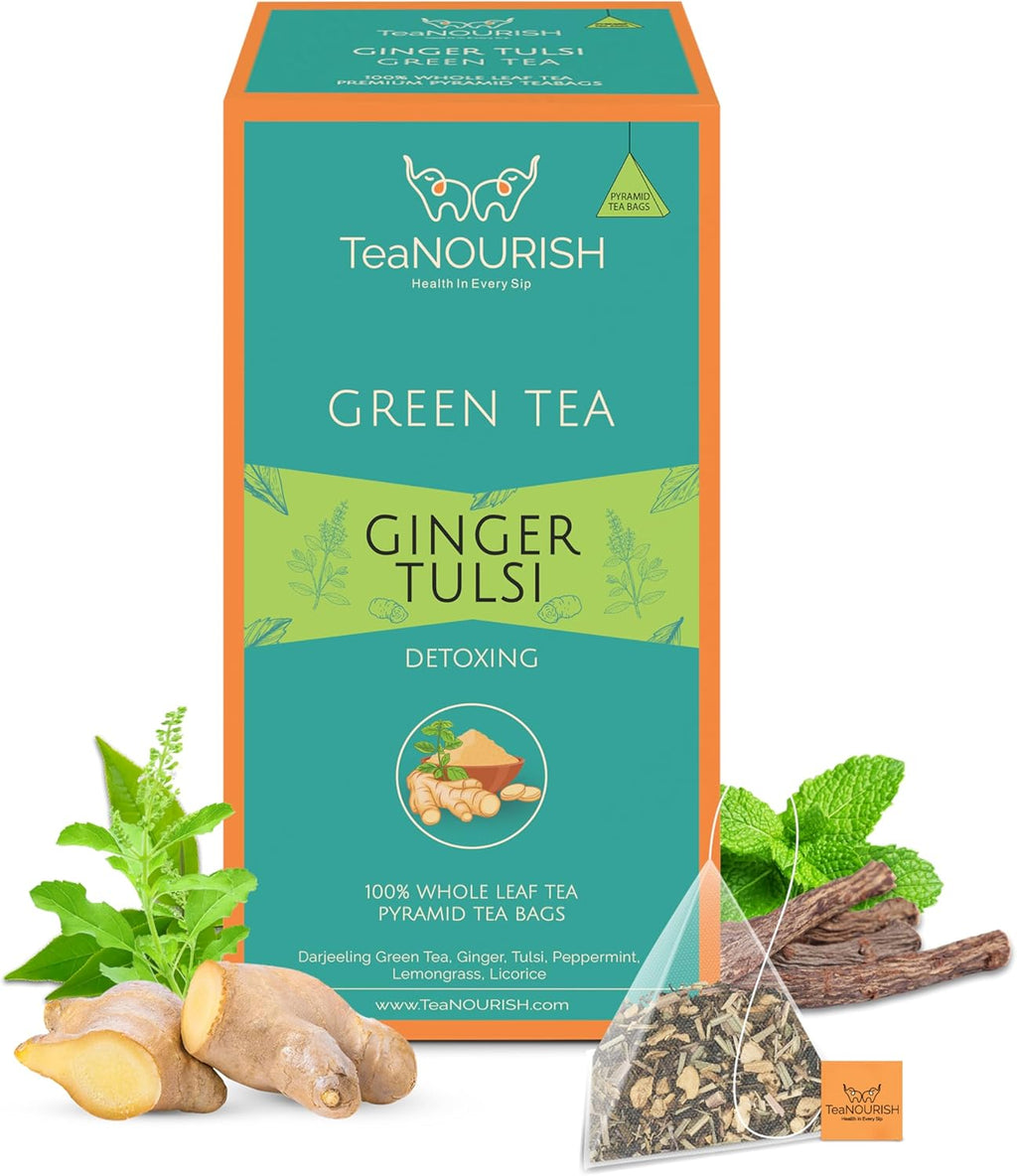 TeaNOURISH Ginger Tulsi Green Tea | 20 Count Pyramid Tea Bags | Darjeeling Whole Leaf | Indian Superfoods Ginger, Tulsi & Licorice | Relieves Stress & Aids Digestion