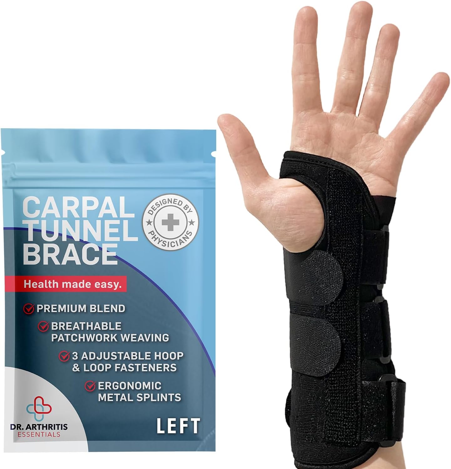 Dr. Arthritis Essentials Carpal Tunnel Wrist Brace -Wrist Splint for Carpal Tunnel, Wrists Injuries, Wrist Support for Arthritis, Hand support (Left)
