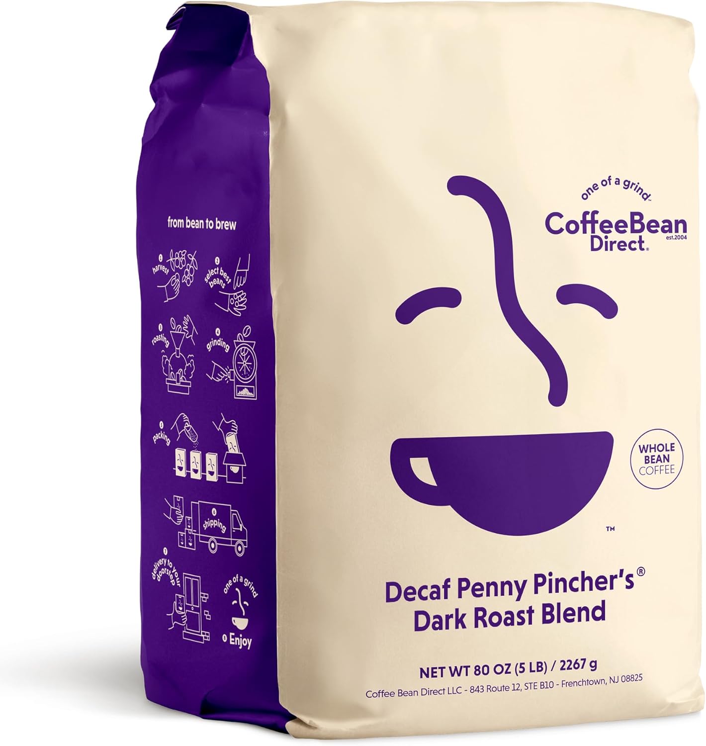 Coffee Bean Direct Decaf Penny Pincher's® Dark Roast Blend, Whole Bean Coffee, Dark Roast, 5 Pound Bag (Pack of 1)