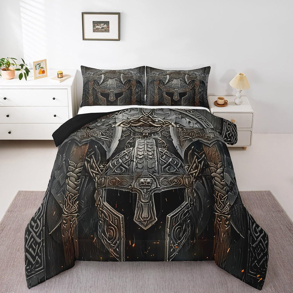 Erosebridal Ancient Viking Comforter Set Viking Warrior Twin Bedding Set for Kids Teen Adults,Black Double Battleaxe Bedding Comforter Sets Nordic Mythology Tribe Quilt Duvet 1 Pillow Case