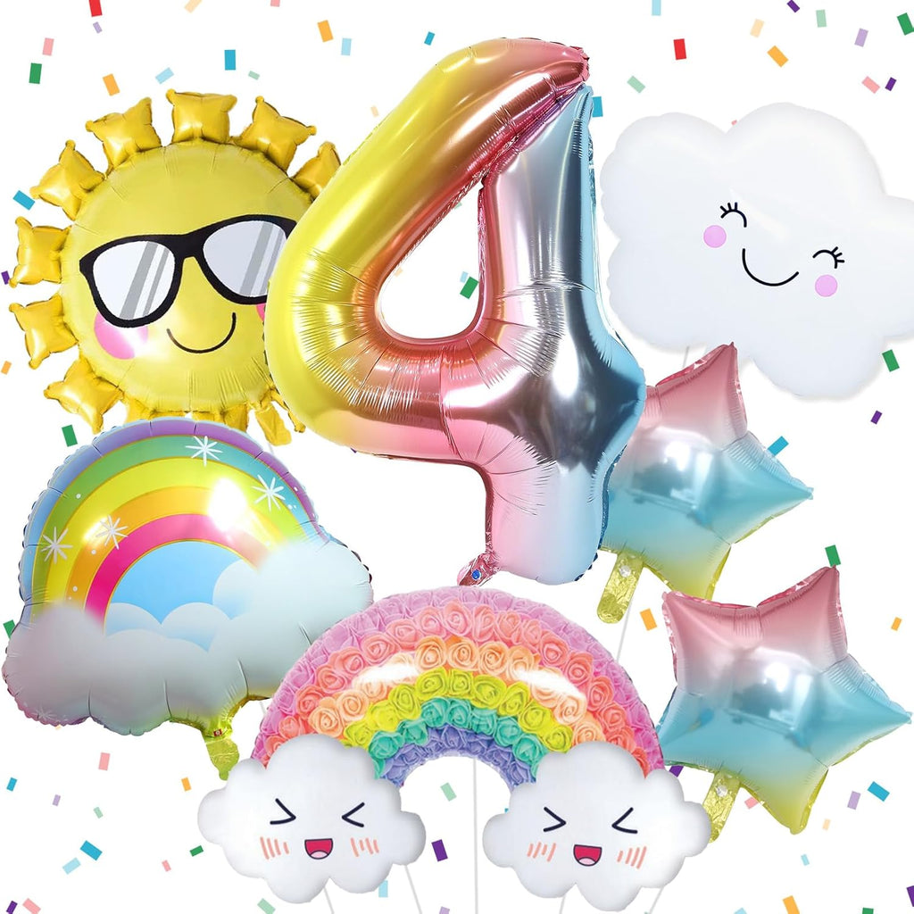 4th Birthday Decorations Girl, 4th Rainbow Birthday Balloons Set with Sun Gradient Stars and 40 Inch Number 4 Foil Balloon for Rainbow Theme Girls Party Decoration Supplies
