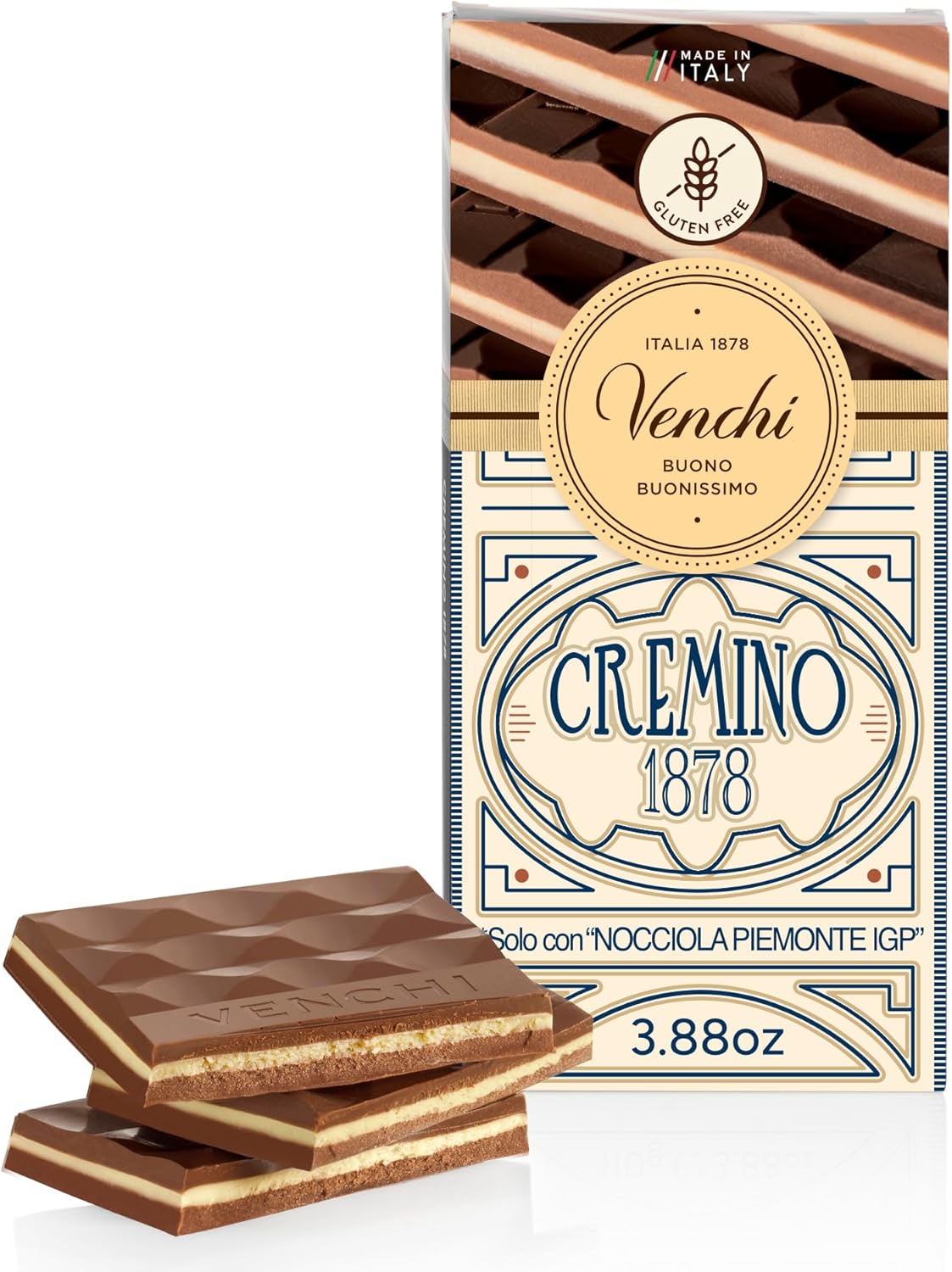 Venchi - Cremino 1878 Chocolate Bar with Almond Gianduja and Hazelnuts, 3.88oz - Gluten Free