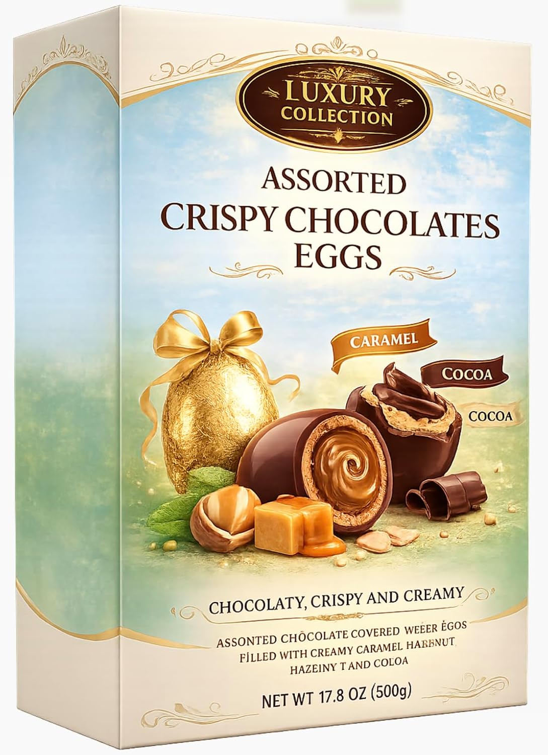 Luxury Collection Assorted Easter Eggs Hazelnut Cocoa Caramel Filled - 50 Individually Wrapped Crispy Eggs Treats Easter Hunt Basket Stuffer Filler Party Favor Deco Gift