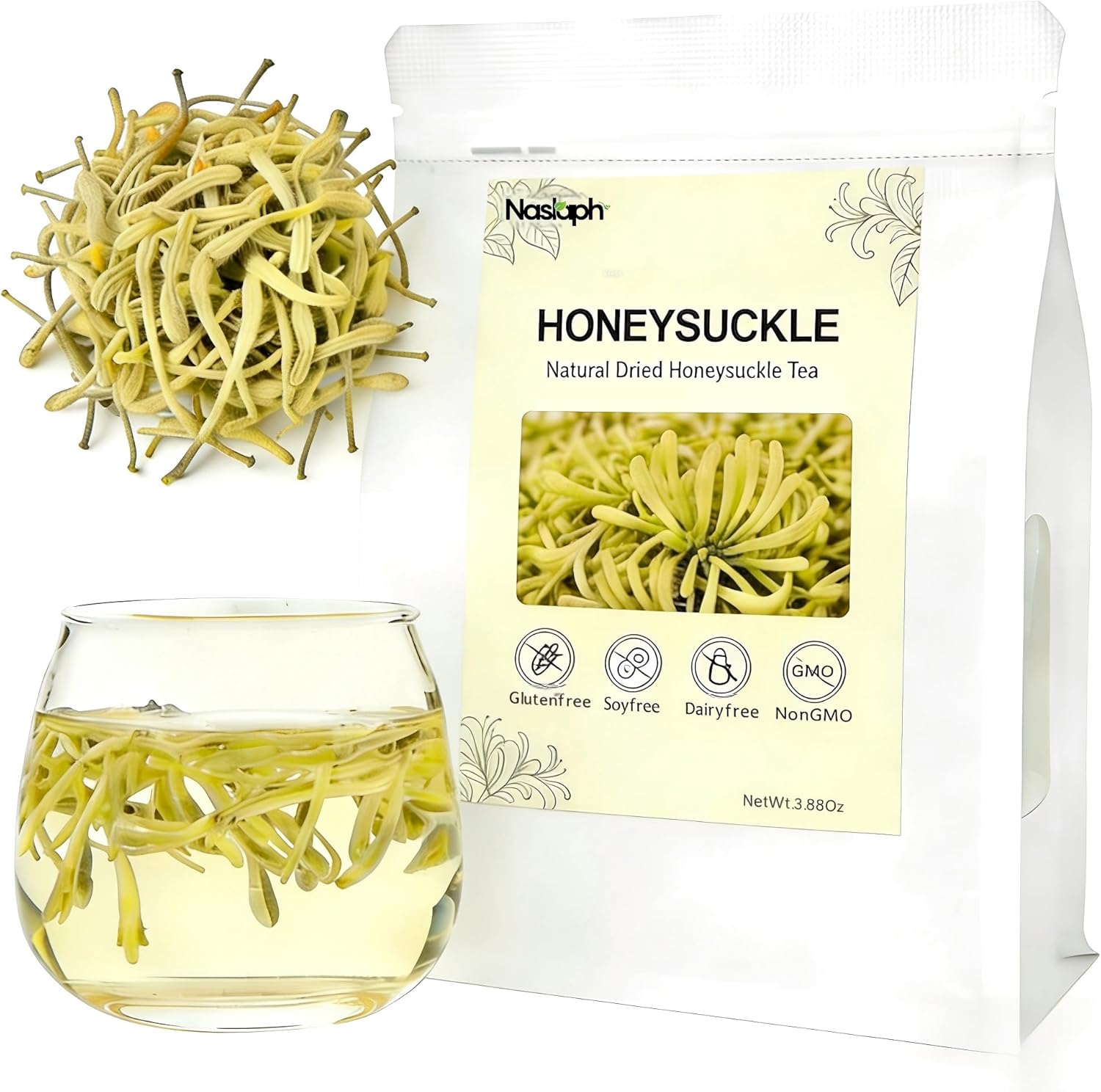NASLAPH Dried Honeysuckle Herbal Tea Honeysuckle Buds, 3.88Oz/110g Natural Honeysuckle Jin Yin Hua Tea with Delicate Floral Aroma, Naturally Sweet Taste