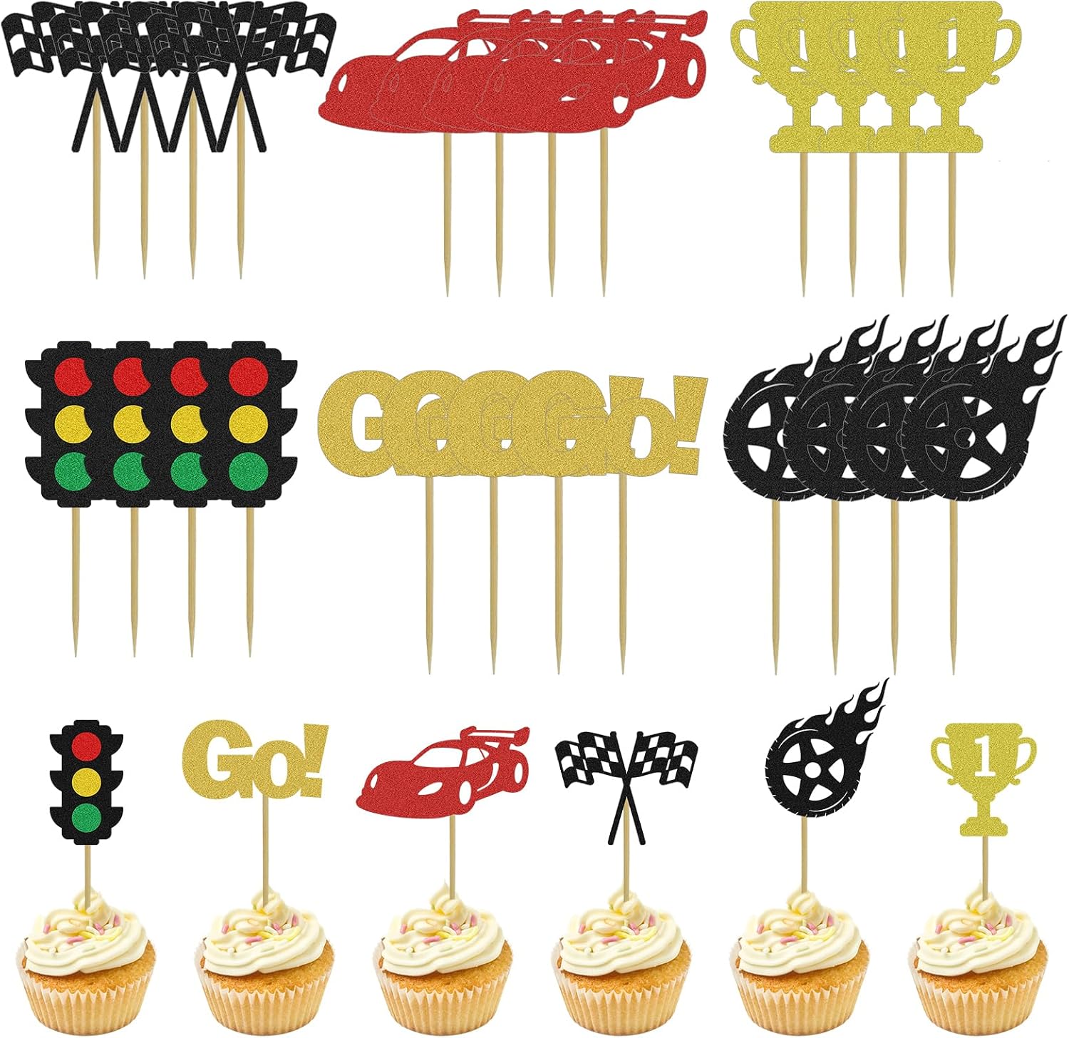 24Pcs Racing Car Cupcake Decoration,Cupcake Toppers Gifts Decorations Supplies, Fast Birthday Decorations for Man Suitable for Lively Birthday Party Events