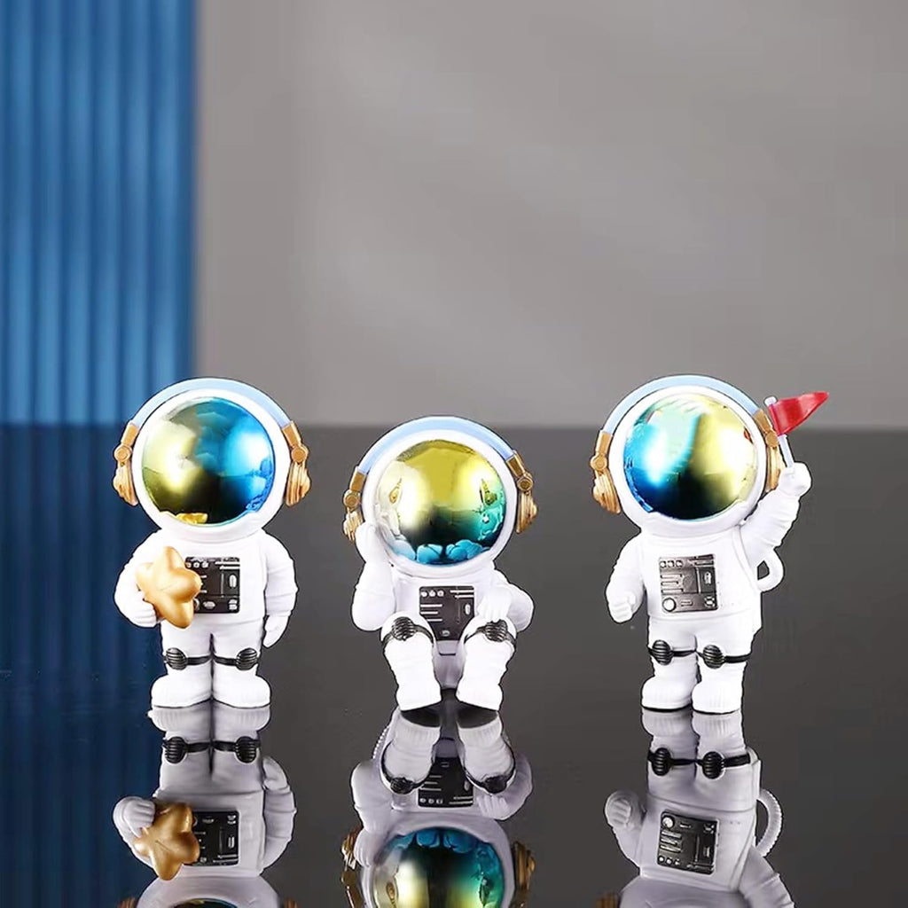 Gradient Astronaut Statues Set of 3, Spaceman Sculpture Figurines Outer Space Theme Decor for Nursery Room Cake Topper