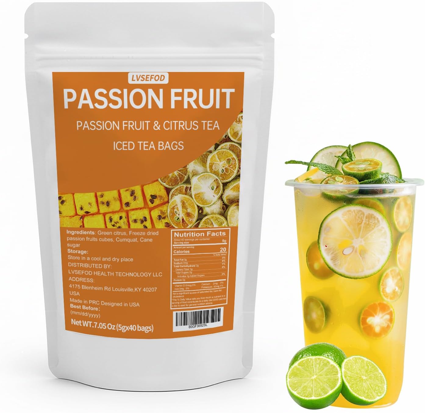 Premium Kumquat Lemon Passion Fruit Tea, 7.05 oz (5 g x40 pack), ingredients include kumquat, passion fruit, lemon, rock sugar, fruity blend, caffeine free, health food.