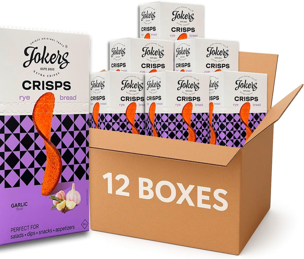 Roasted Garlic Rye Crisps 12 Boxes x 90g – Crunchy Snack for Dips, Soups & Salads, Party Snack, Toasted Bread Crisps, Better Than Nachos, European Rye Chips (12 Pack, Roasted Garlic)