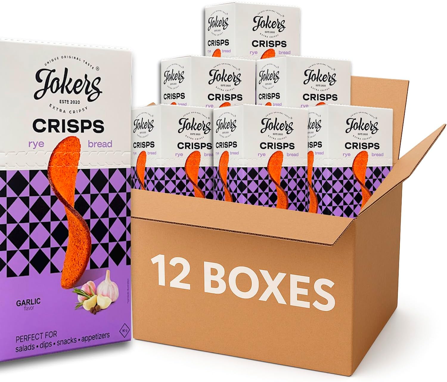 Roasted Garlic Rye Crisps 12 Boxes x 90g – Crunchy Snack for Dips, Soups & Salads, Party Snack, Toasted Bread Crisps, Better Than Nachos, European Rye Chips (12 Pack, Roasted Garlic)