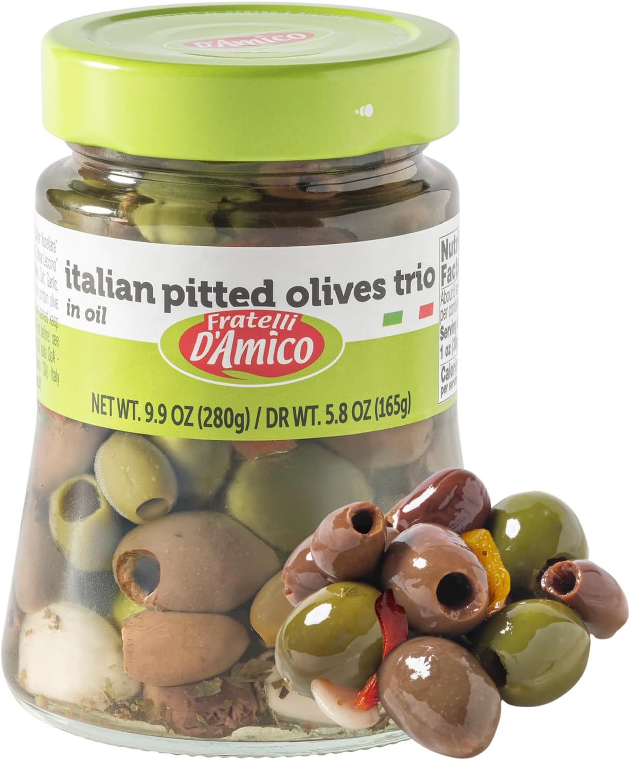 FRATELLI D'AMICO Italian Olives Mix, Pitted with garlic and red and yellow peppers, Gourmet Mediterranean Mixed Olive Trio in Oil, 9.9 oz / 280g, Product of Italy