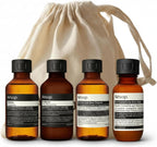 Aesop Arrival Travel Set (4-Piece) Hair & Body Care Kit – Shampoo, Conditioner, Geranium Leaf Body Cleanser & Rind Concentrate Body Balm – 1.7oz/50mL Each – Gift Set with Reusable Canvas Bag