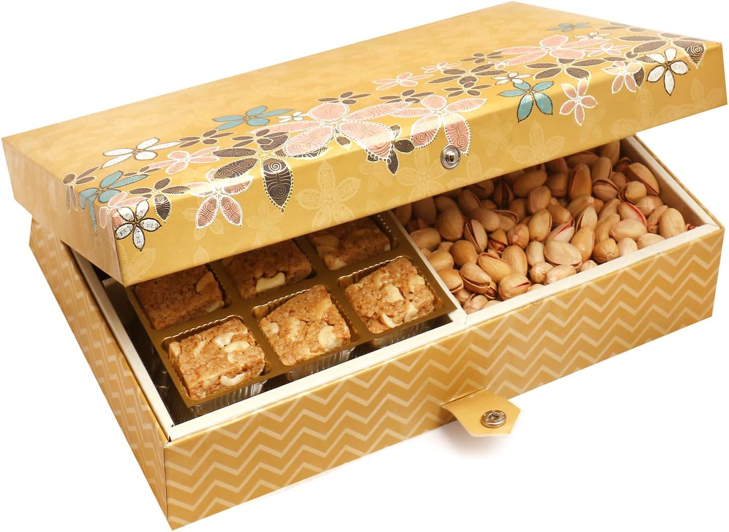 Ghasitaram Gifts Valentines Gift for Girlfriend/Boyfriend/Husband and Wife - Healthy Hampers - Gold 4 Print 12 Pcs Granula Bites,Almonds and Pistachios Hamper Box