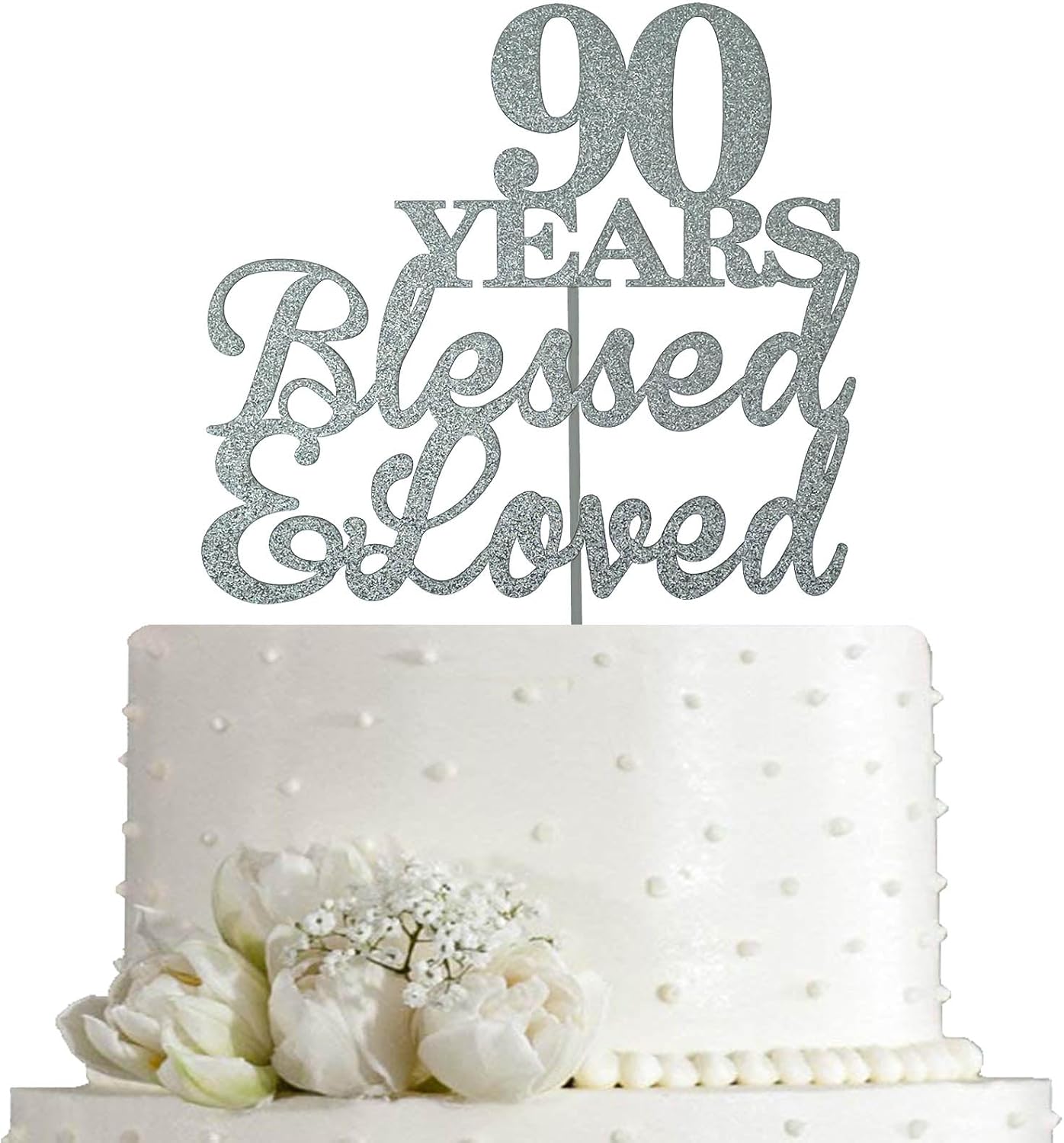 JIEEIN 90 Years Blessed & Loved Cake Topper for 90th Birthday, Wedding Anniversary Party Decorations - Double Sided Silver Glitter