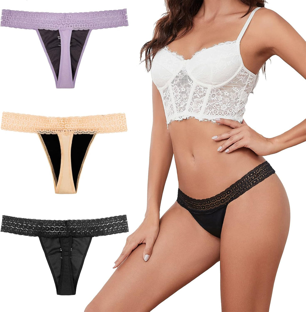 Sexy Period Underwear for Women, Lace Leak Proof Period Thongs, 4 Layers Absorbent Panties Bikinis