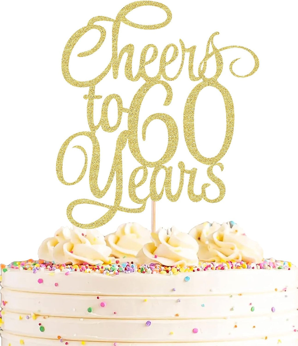 Cheers to 60 Years Cake Topper - Gold Glitter 60th Birthday Cake Decorating Supplies, Perfect for Wedding, Anniversary or Birthday Party Decorations, Photo Booth Props